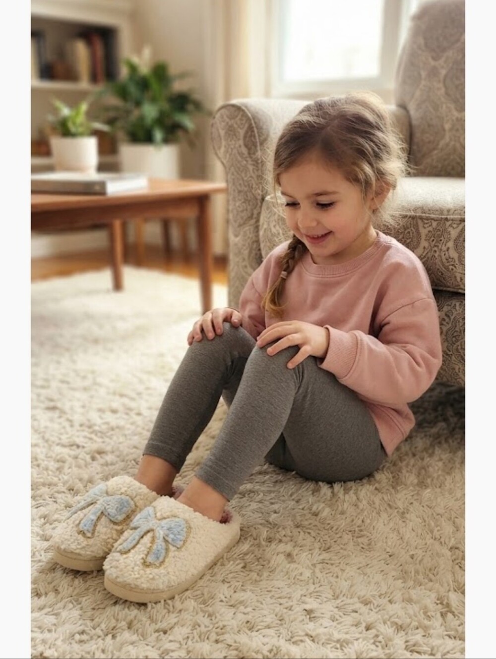 Happy Days Fuzzy Slippers White with Blue Bow US 1/2 Cozy Cute